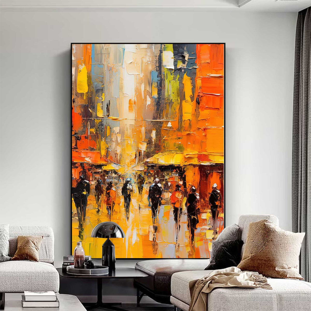 Impasto Cityscape Painting Vibrant Orange & Yellow