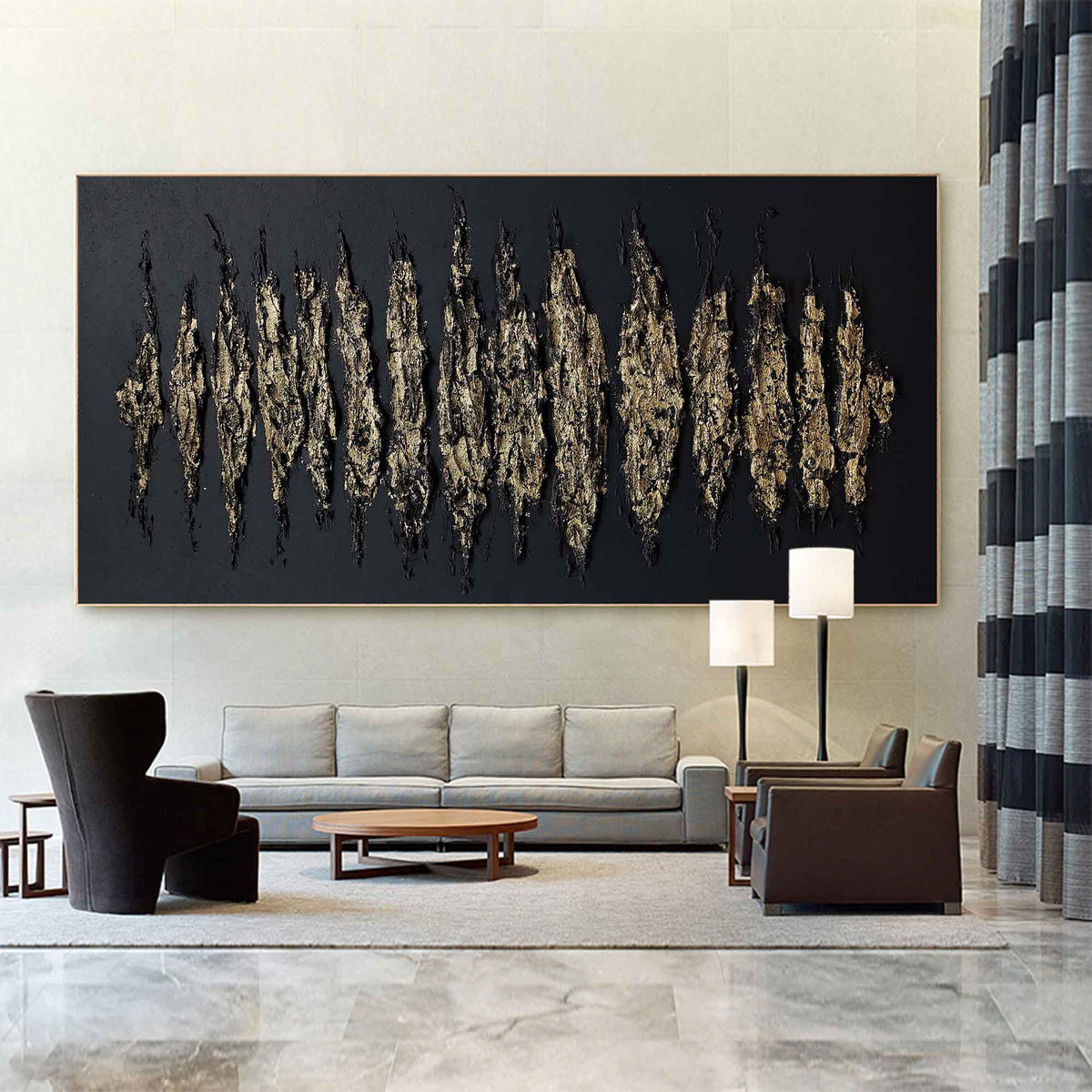 Wall Art Gold Black Abstract Strokes Modern Luxury Texture Living Room