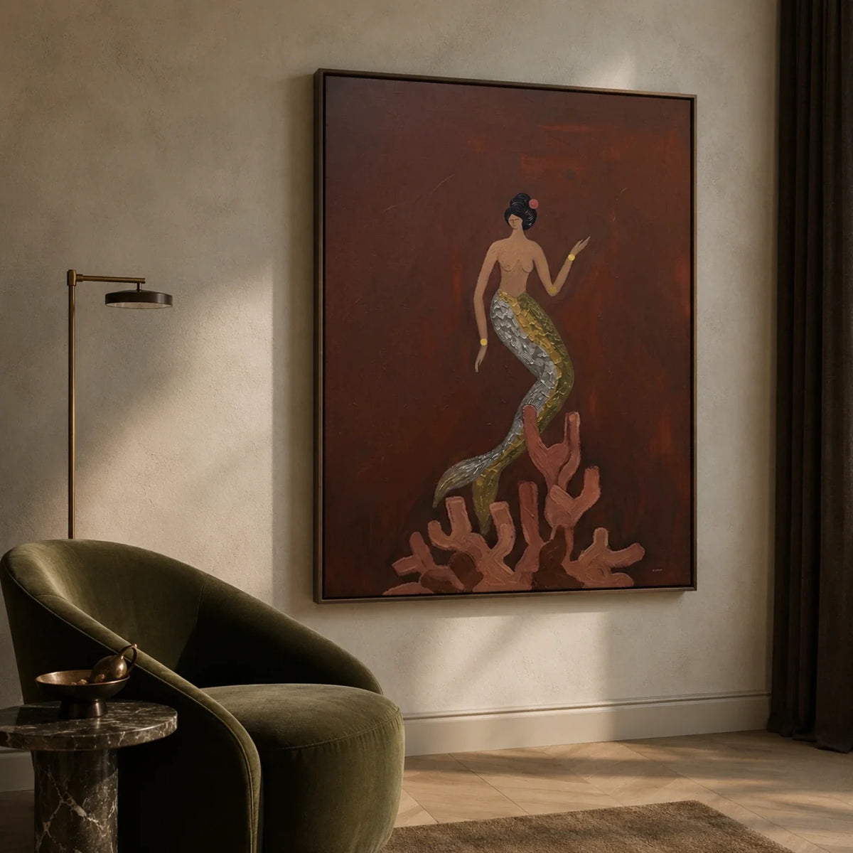 Mermaid Upon Coral Surreal Oil Painting