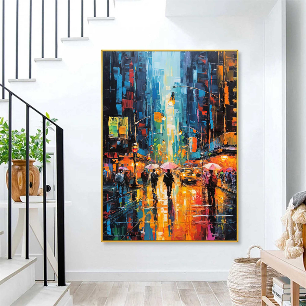 Impasto Cityscape Painting Vibrant Urban Rain