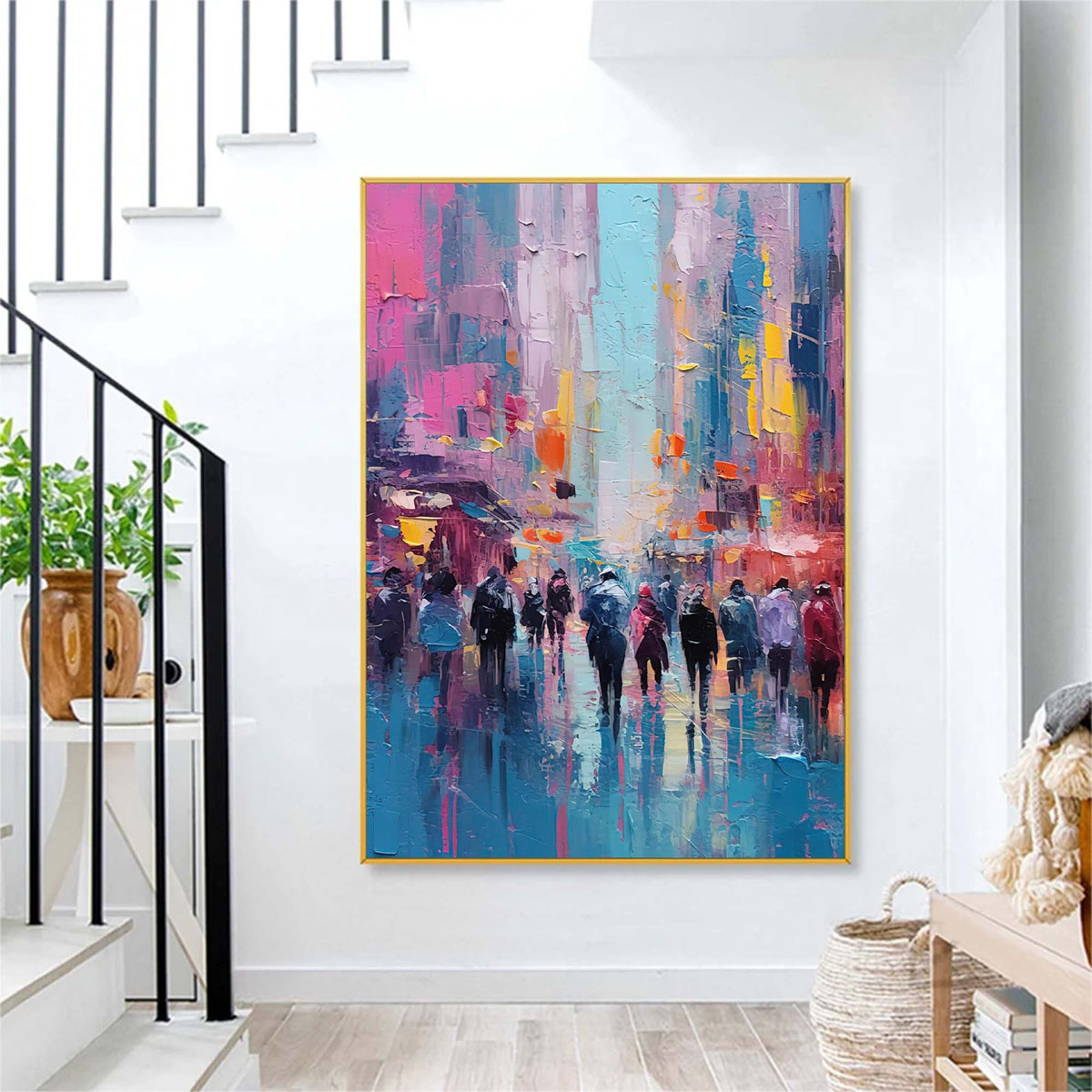 Impasto Rainy Cityscape Painting Vibrant Pink