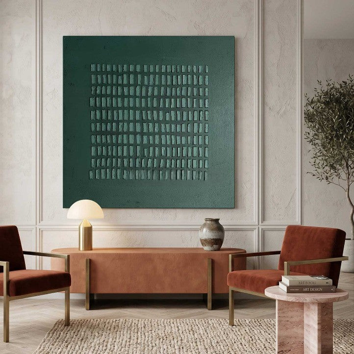 Wabi-Sabi Wall Art Dark Green Textured Grid Abstract Painting
