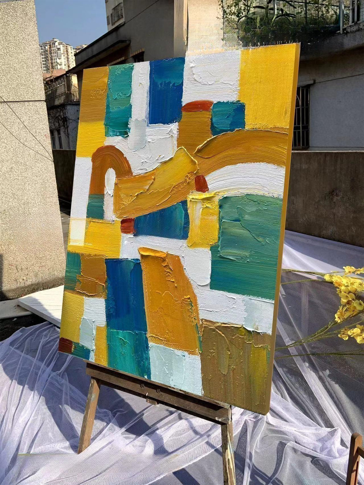 Bold Color Block Impasto Oil Painting Blue Yellow