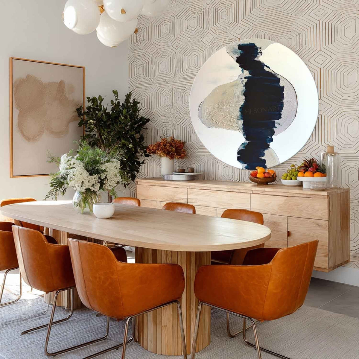 Wall Art Round Navy Beige Brushstroke