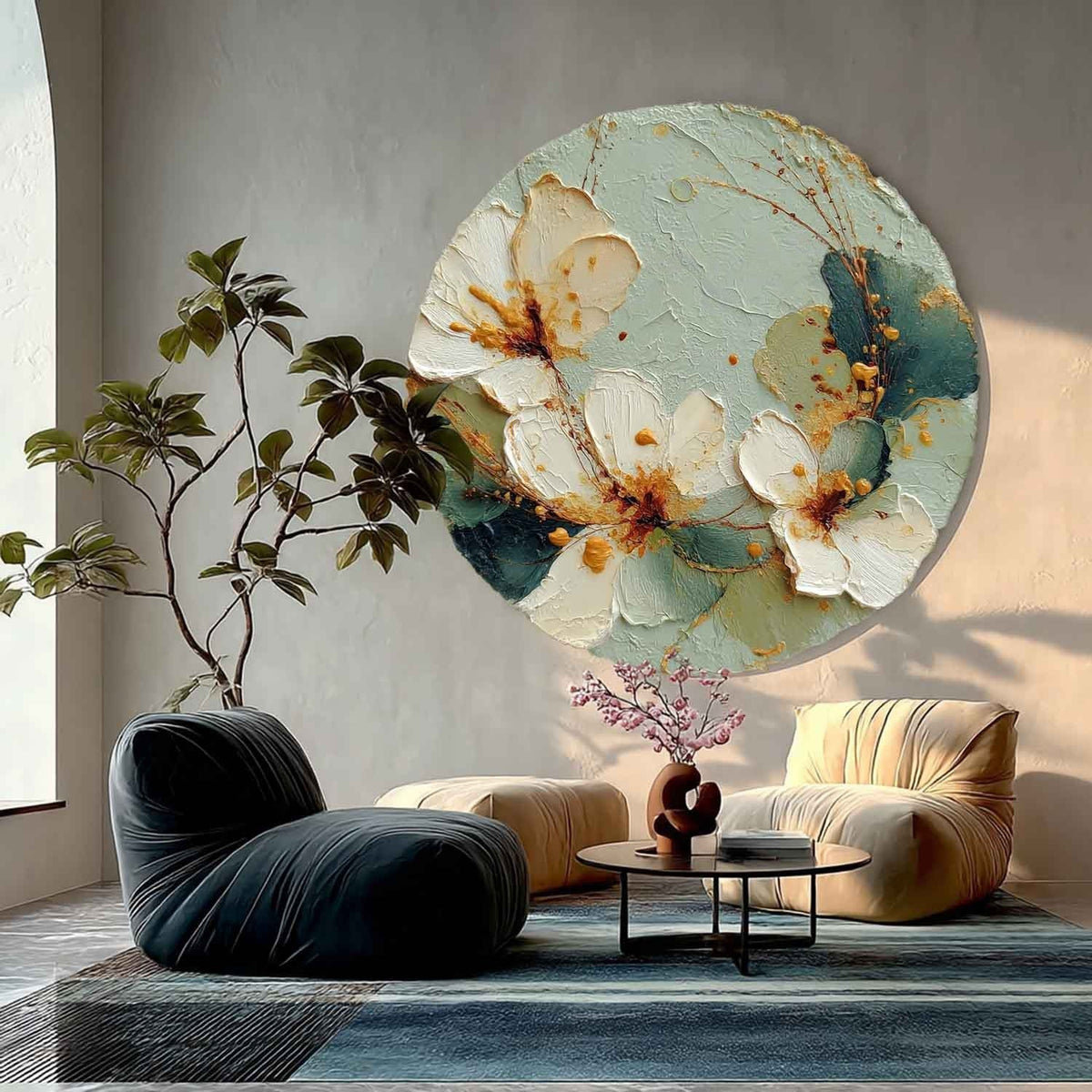 Wall Art Round White Floral Gold Accents