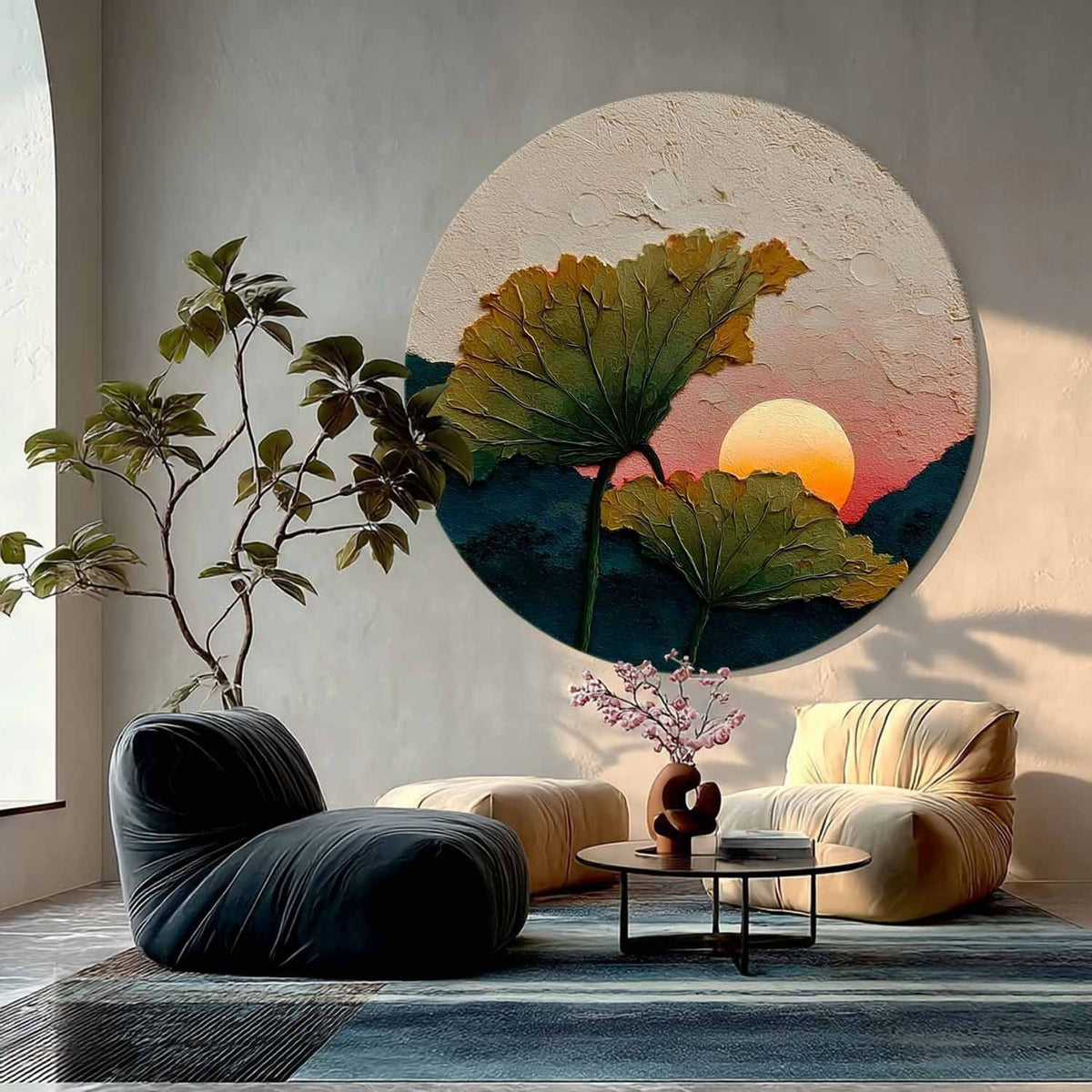 Wall Art Round Lotus Leaves Pink Sunset