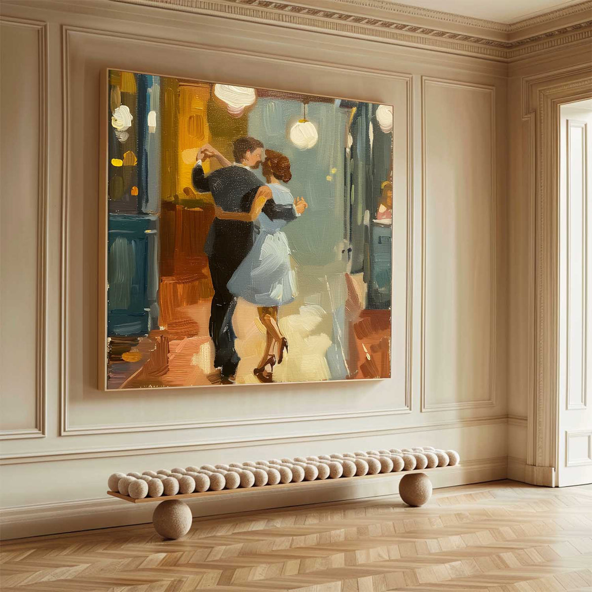 Romantic Dancing Couple Figure  Warm‑Tone Vivid Brushstroke Textured Artwork
