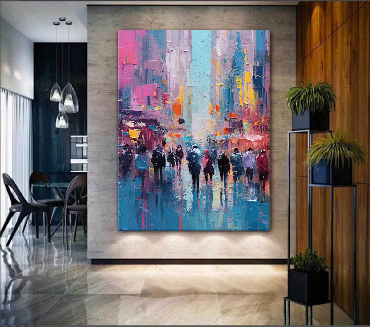 Impasto Rainy Cityscape Painting Vibrant Pink