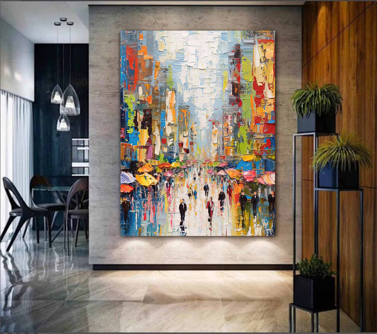 Vibrant Impasto City Street Oil Painting Rainy Day Umbrella
