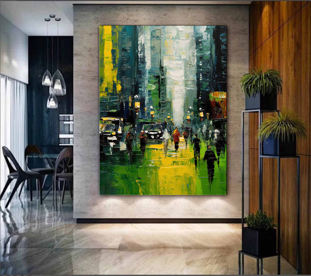 Impasto Urban Landscape Painting Vibrant Green