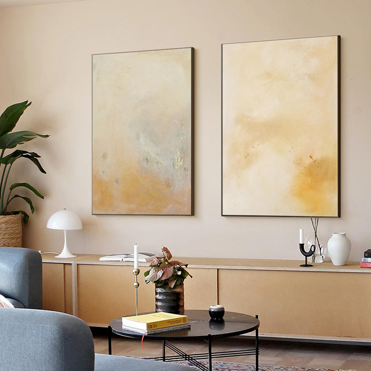 Minimalist Diptych Wall Art Warm Neutrals Gold Leaf