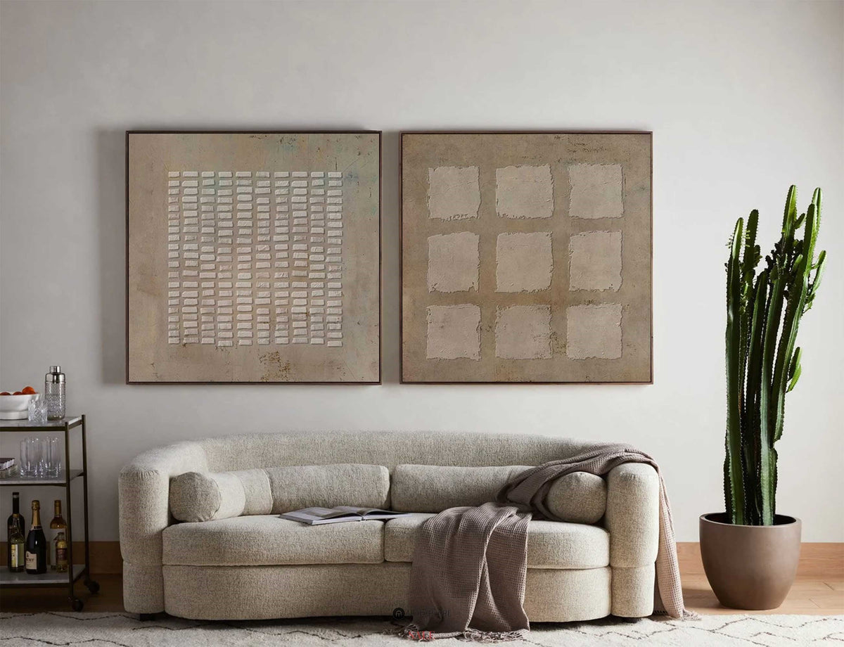 Earthy Taupe‑Beige Grid Diptych Abstract  Embossed Textured Artwork
