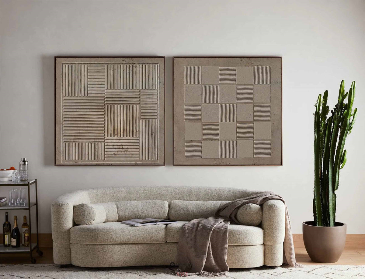 Neutral Beige‑Taupe Geometric Diptych Abstract  Raised Linear Textured Artwork