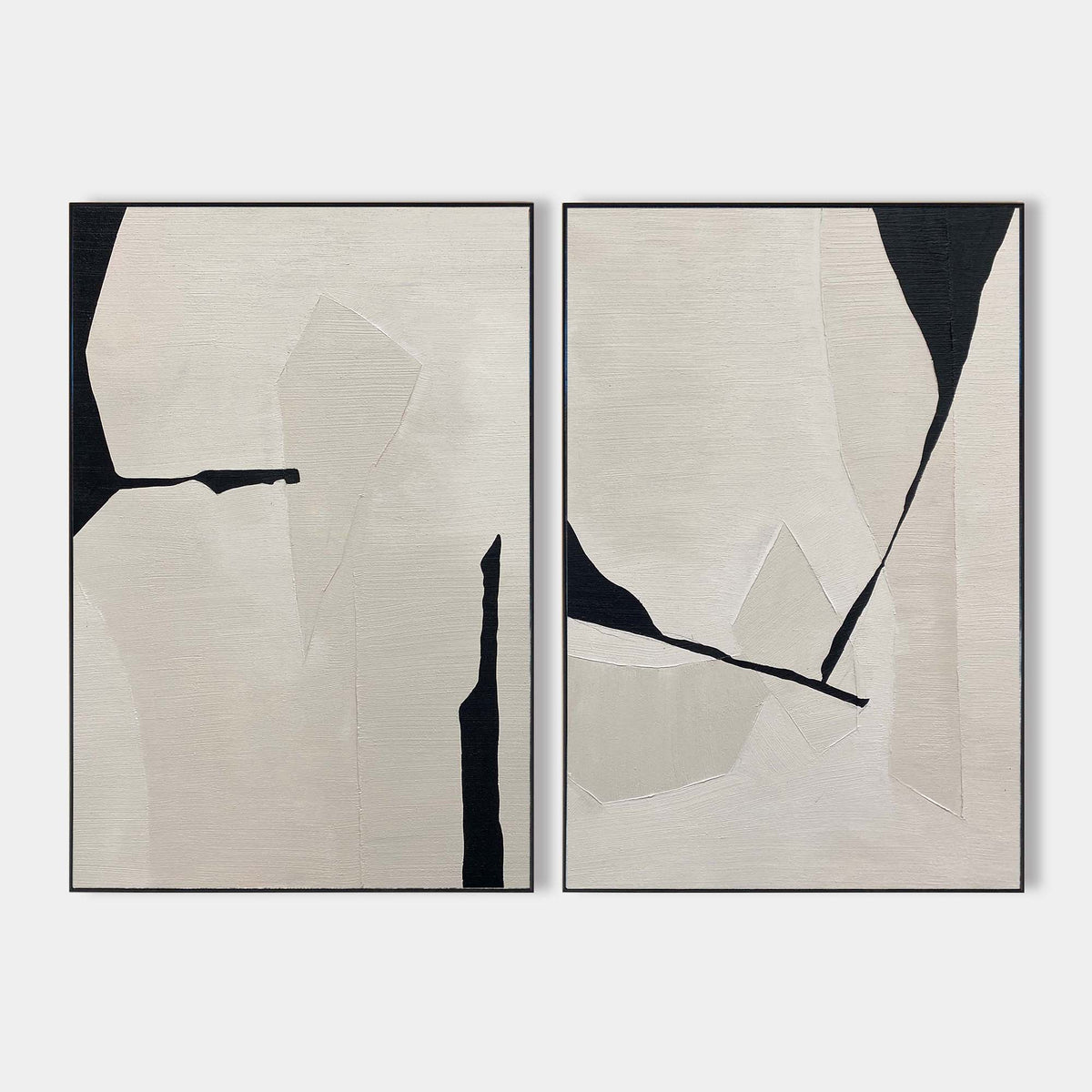 Minimalist Ivory Black Abstract Geometric Diptych Wall Art