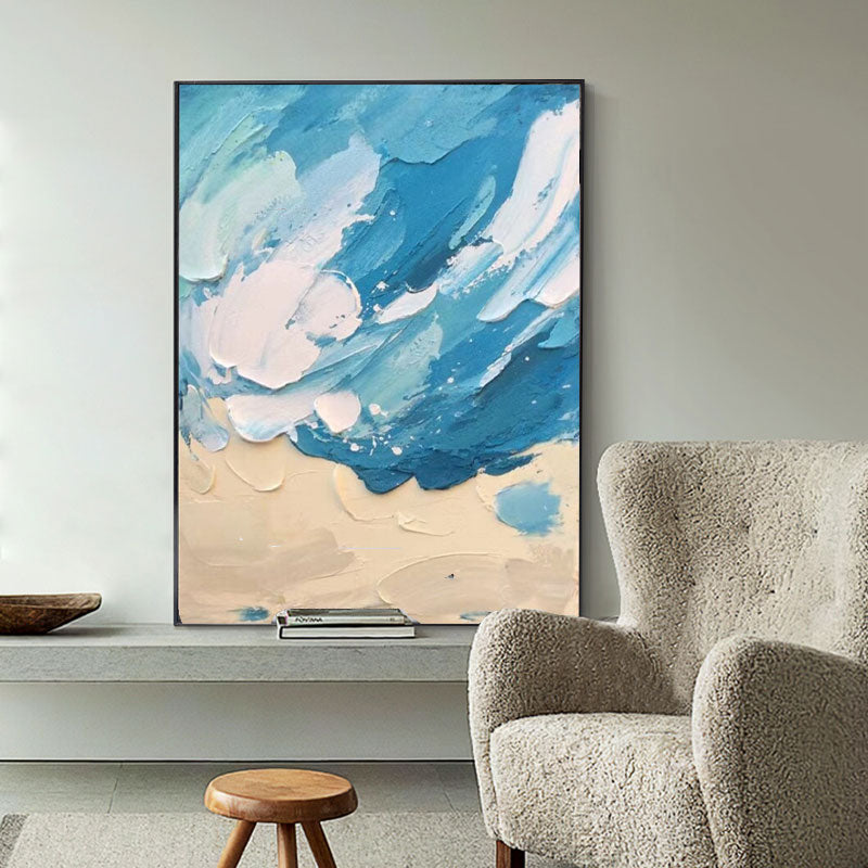 Textured Coastal Impasto Oil Painting Blue Wave Beach