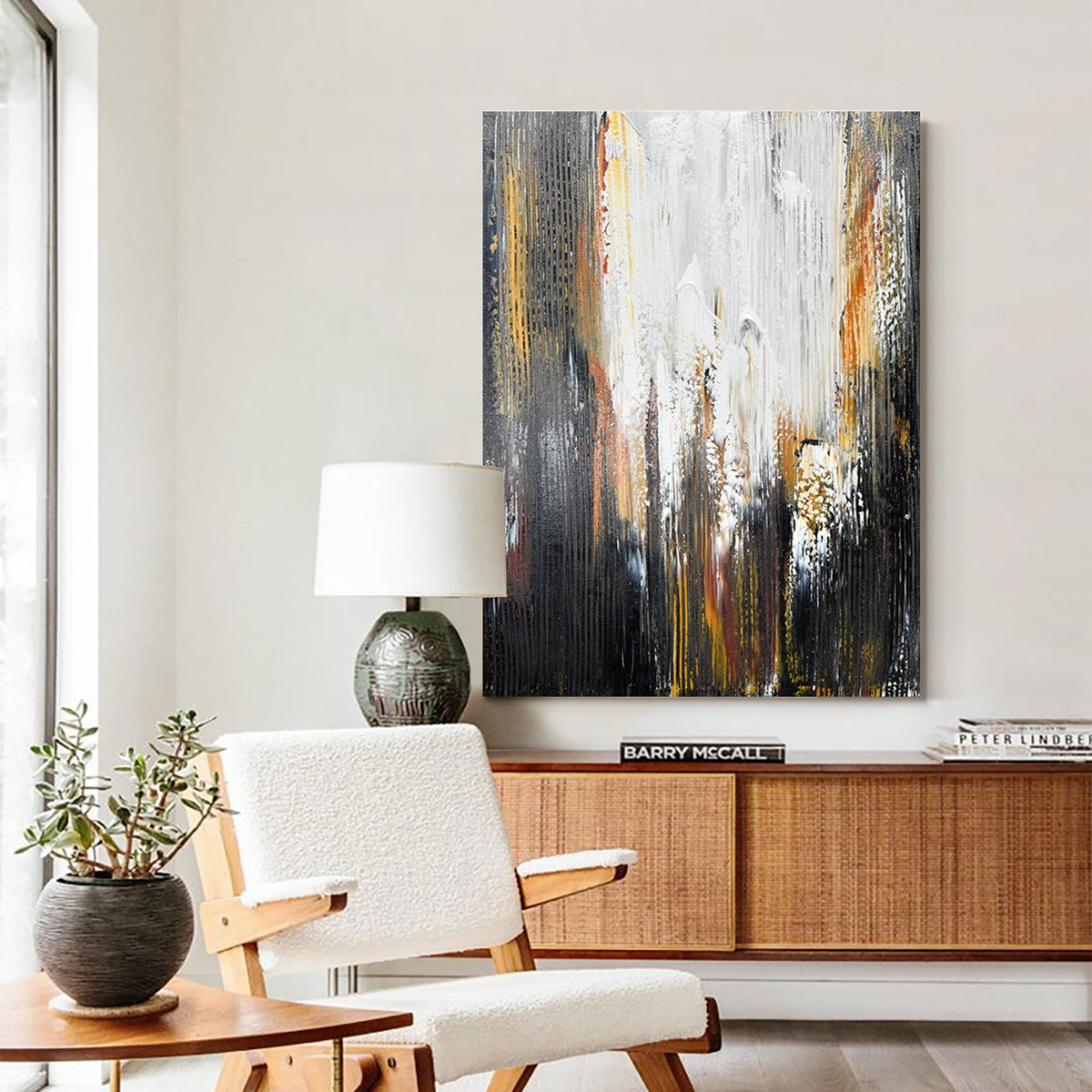 Large Contemporary Abstract Black Gold White Textured Vertical Oil Painting on Linen Canvas