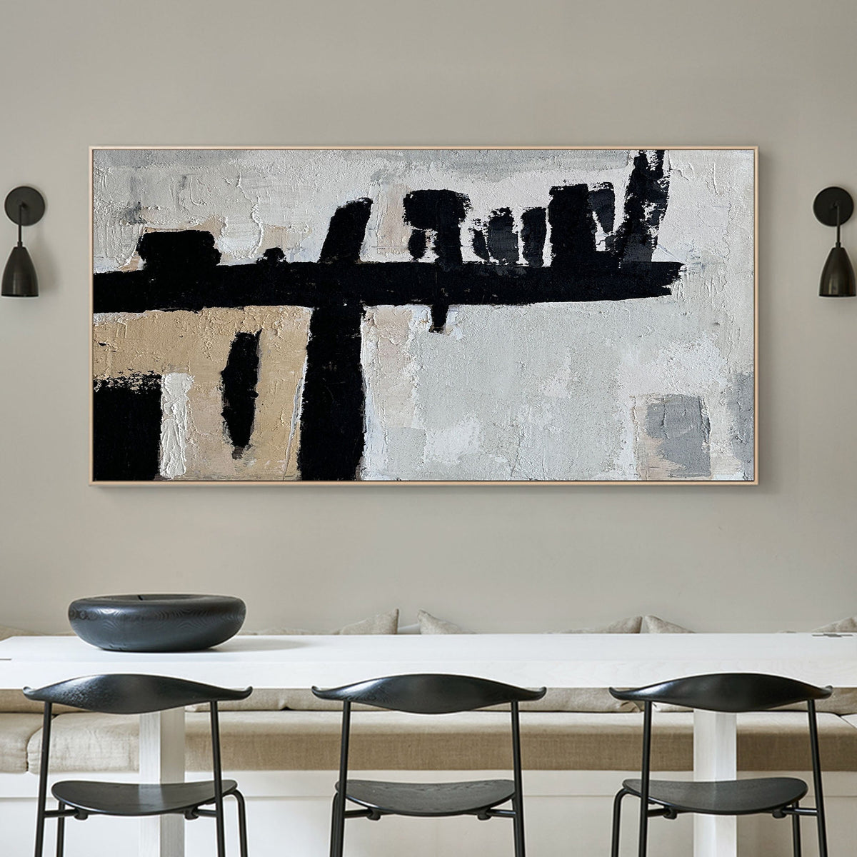 Black‑Beige Horizontal Bold‑Stroke Impasto‑Textured Artwork