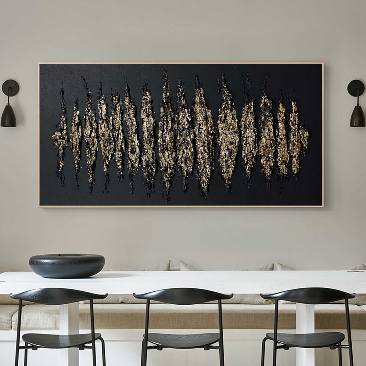Wall Art Gold Black Abstract Strokes Modern Luxury Texture Living Room