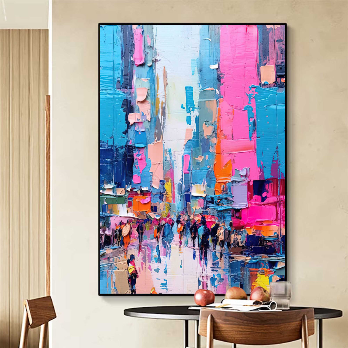 Impasto Cityscape Painting Vibrant Pink & Blue Wall Art