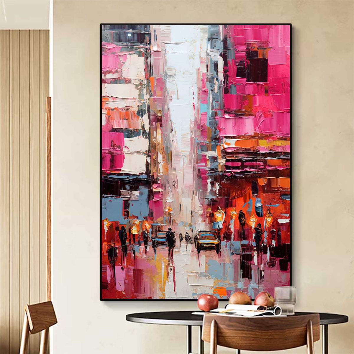 Impasto Cityscape Painting Vibrant Pink Orange