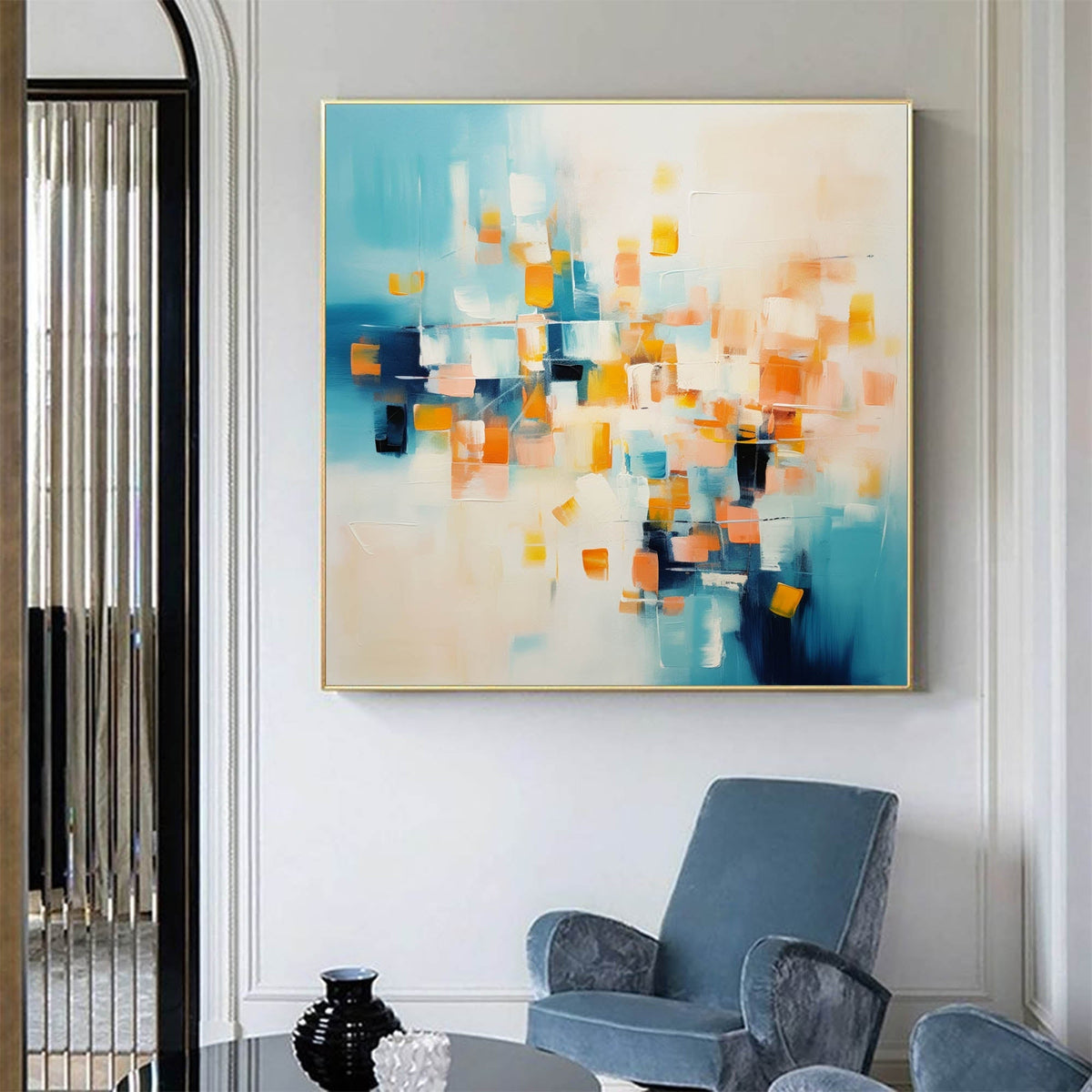 Abstract Geometric Painting Warm Orange And Blue