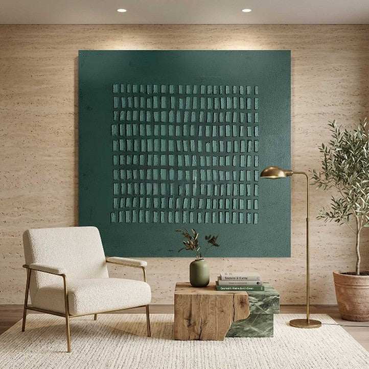 Wabi-Sabi Wall Art Dark Green Textured Grid Abstract Painting