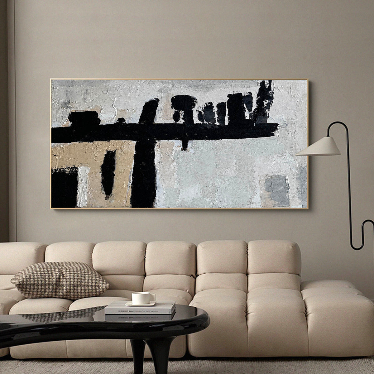 Black‑Beige Horizontal Bold‑Stroke Impasto‑Textured Artwork