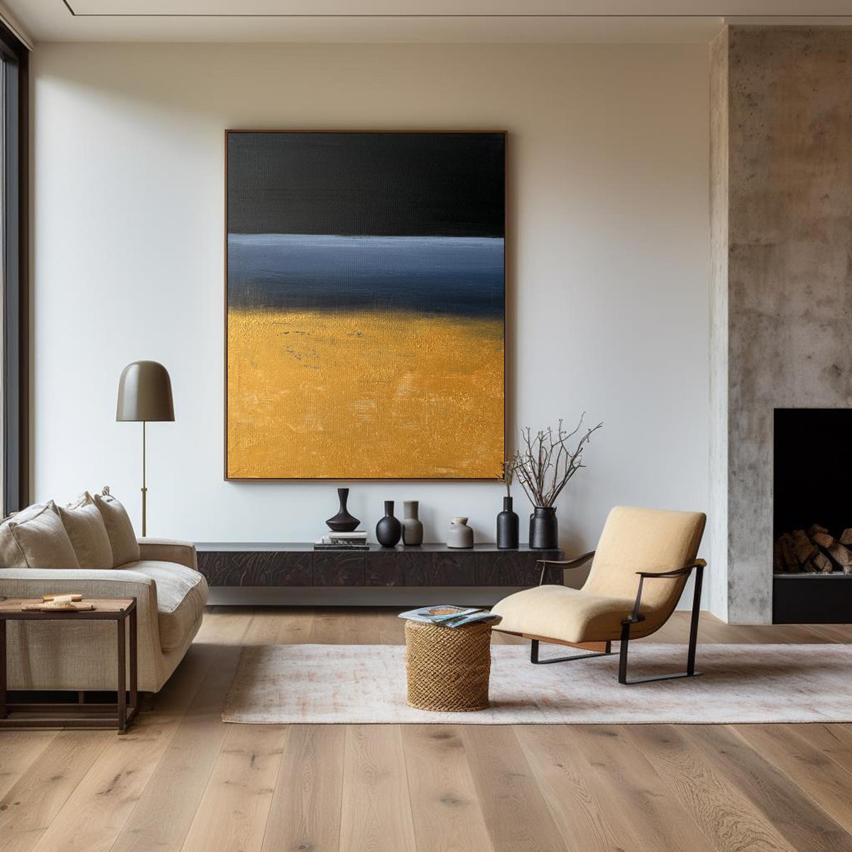 Gold Black Blue Abstract Wall Art Vertical