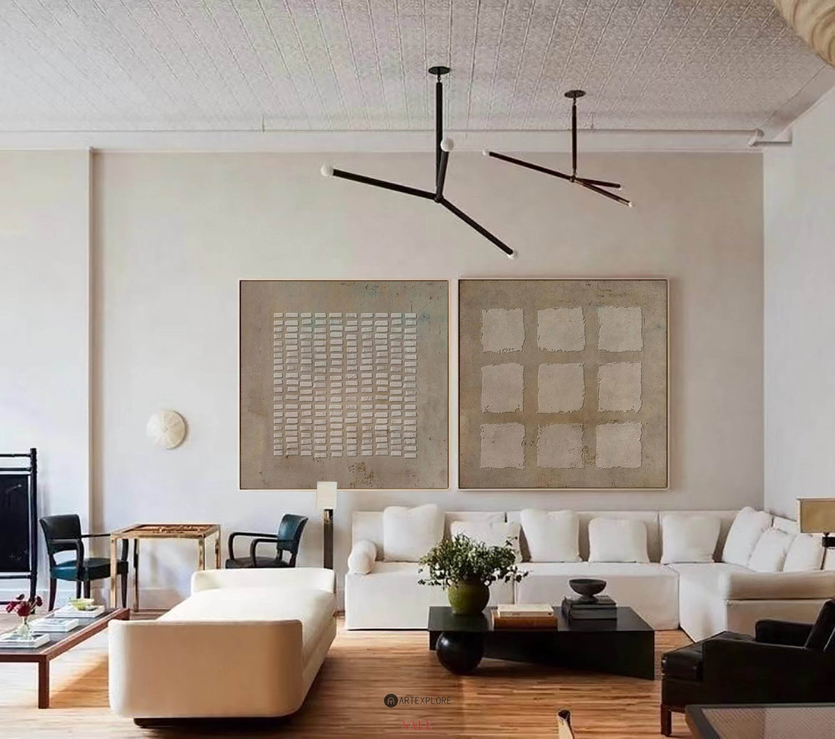 Earthy Taupe‑Beige Grid Diptych Abstract  Embossed Textured Artwork
