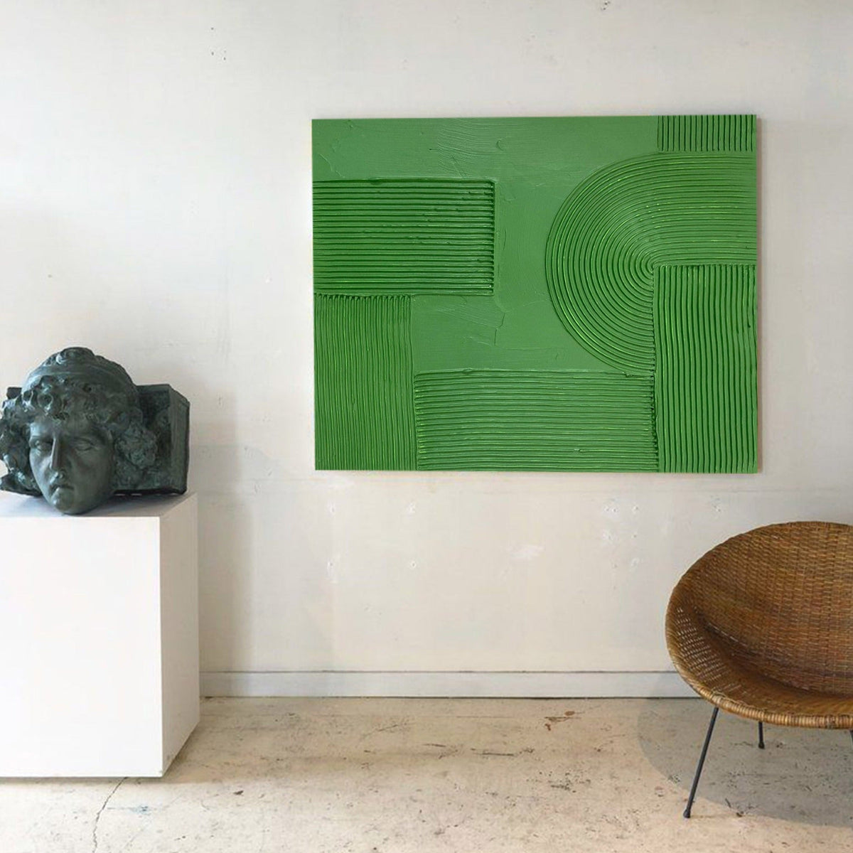 Solid‑Green Geometric Abstract  Ridged Heavy Textured Artwork