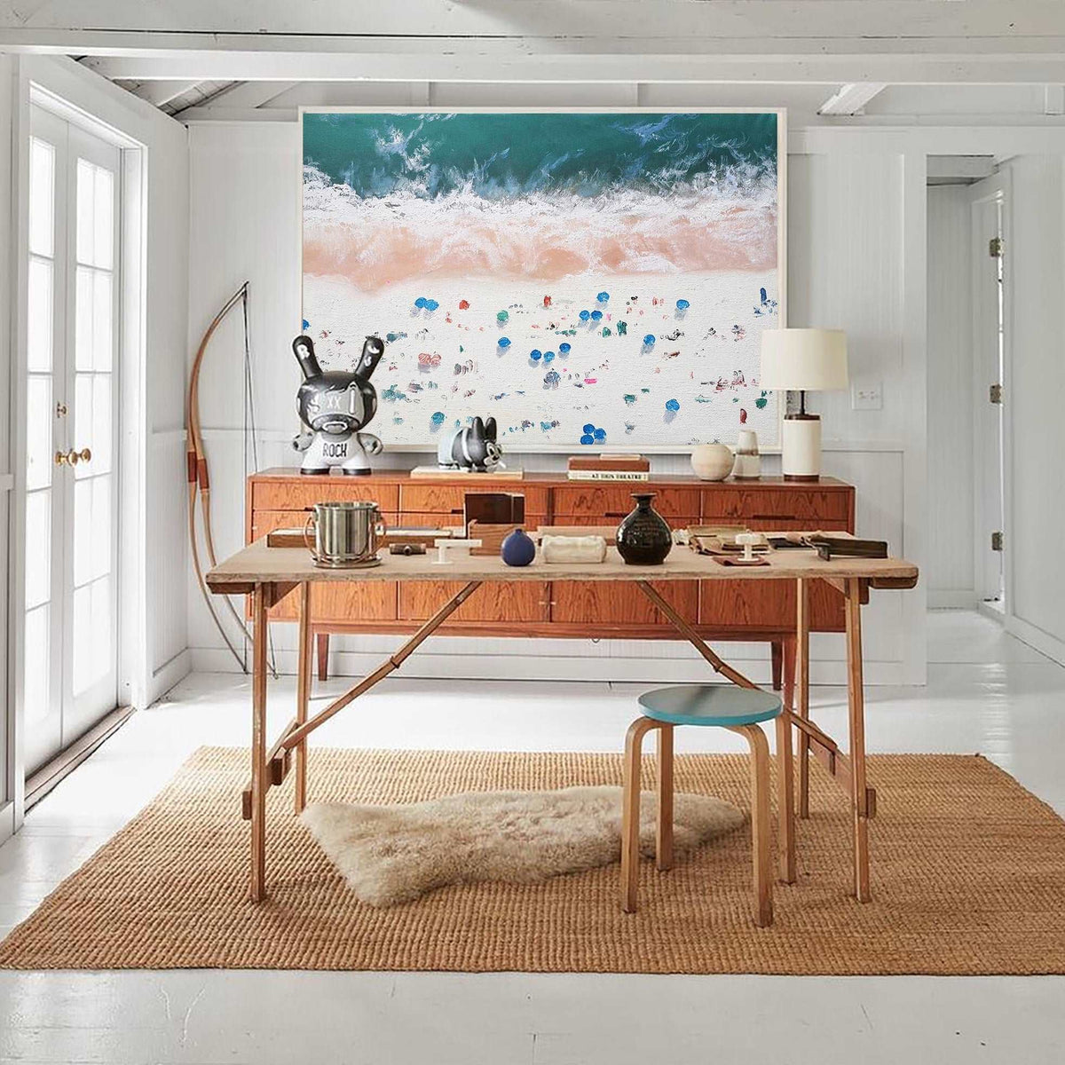 Teal‑Pink‑White Horizontal Beach‑Scene Impasto‑Textured Artwork