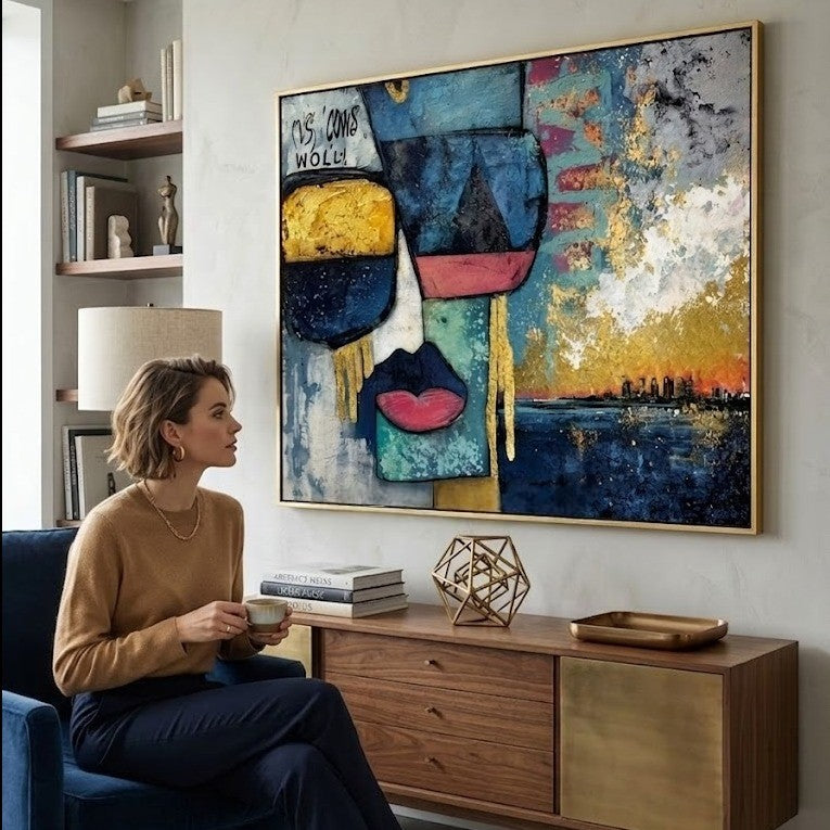 Urban Abstract Face & Skyline Painting