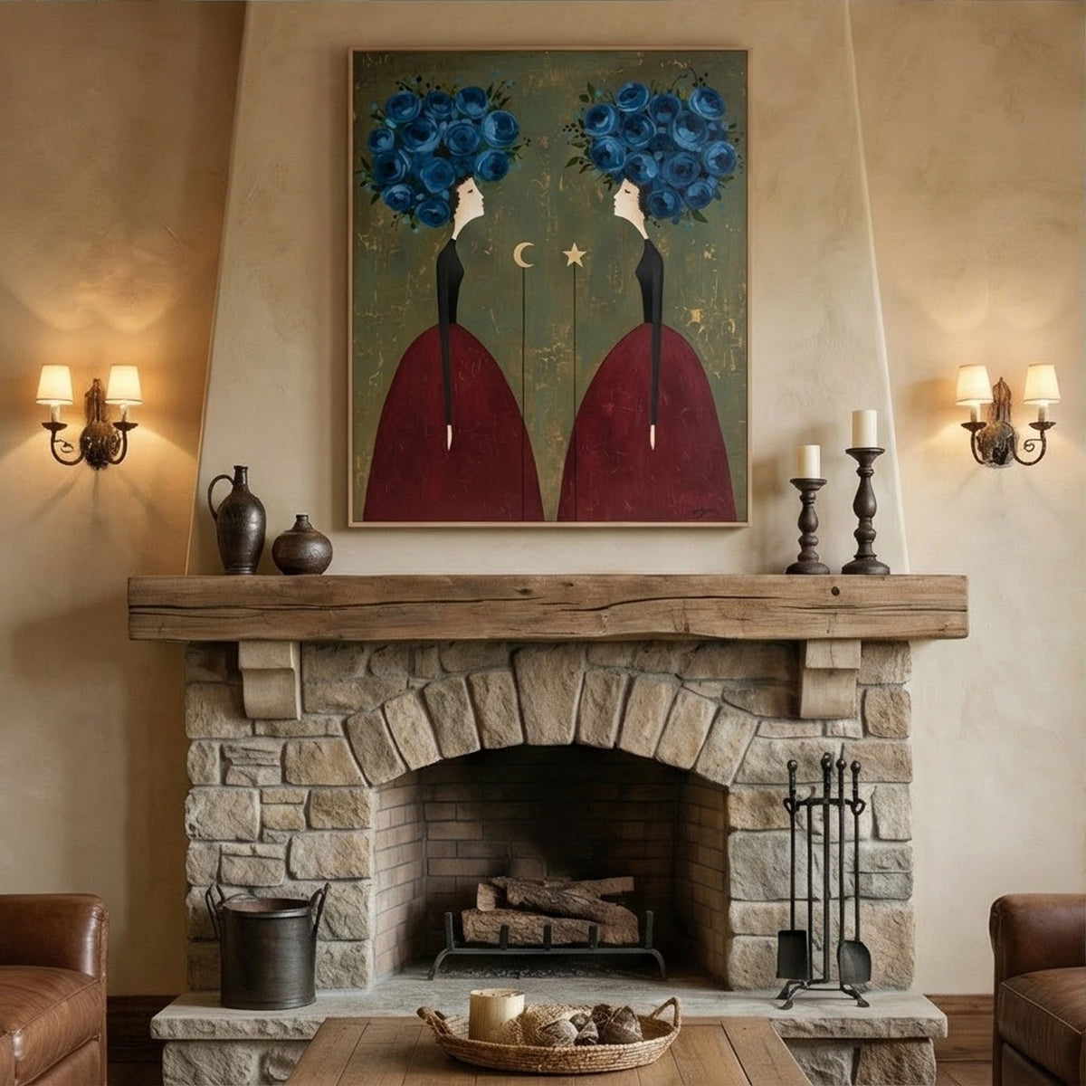 Celestial Bloom Sisters Surreal Oil Painting
