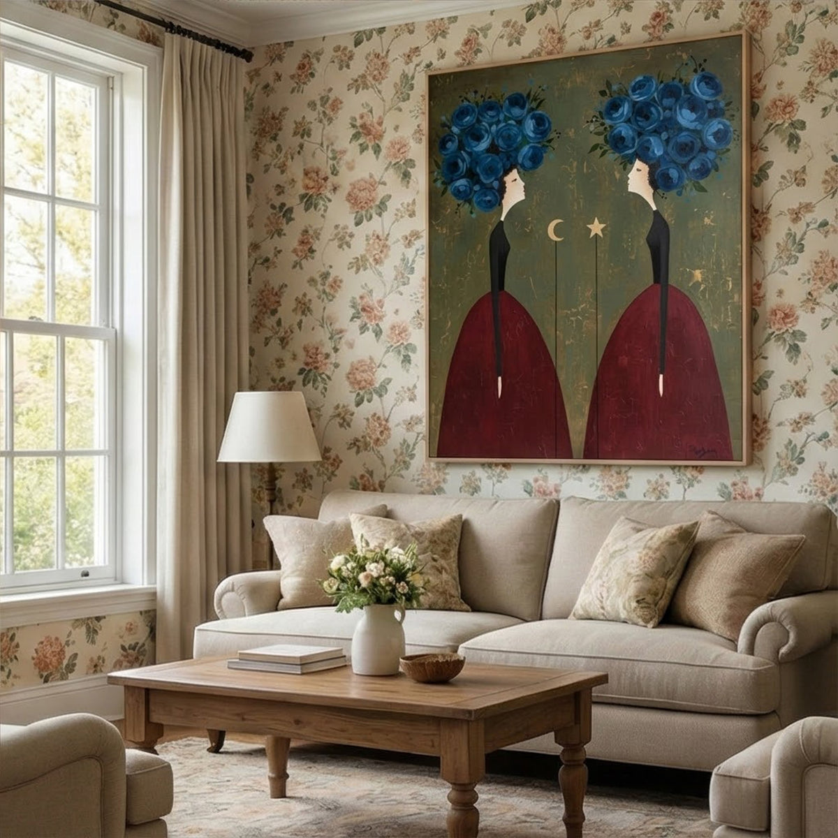 Celestial Bloom Sisters Surreal Oil Painting