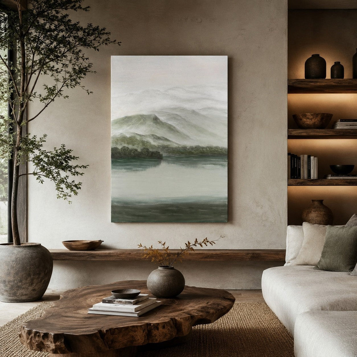 Serene Misty Mountain Landscape Painting