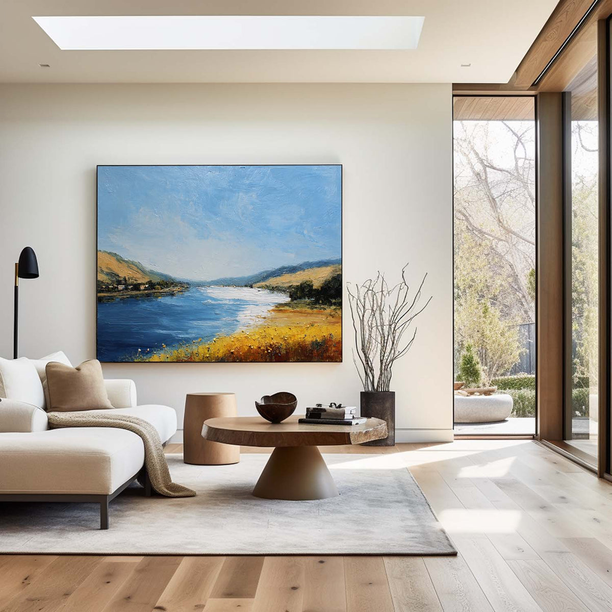 Blue‑Yellow‑Gold Horizontal Impasto Scenic Textured Landscape Artwork
