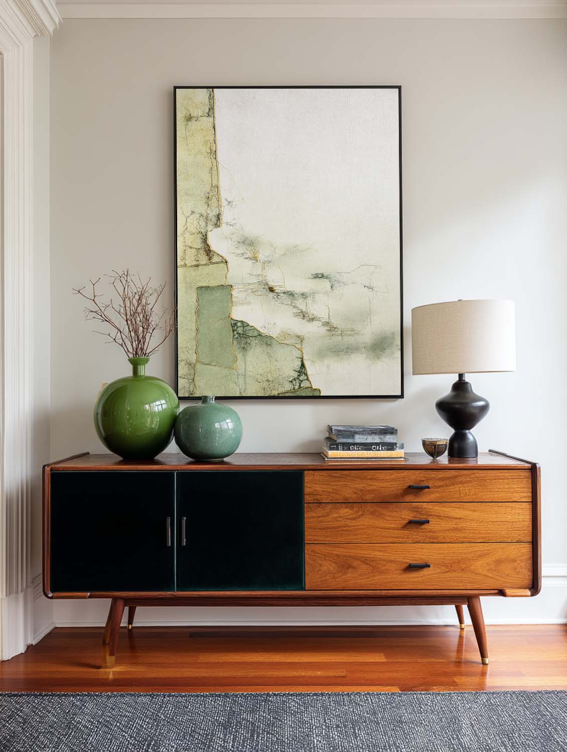 Minimalist Sage Green Abstract Art Gold Accents