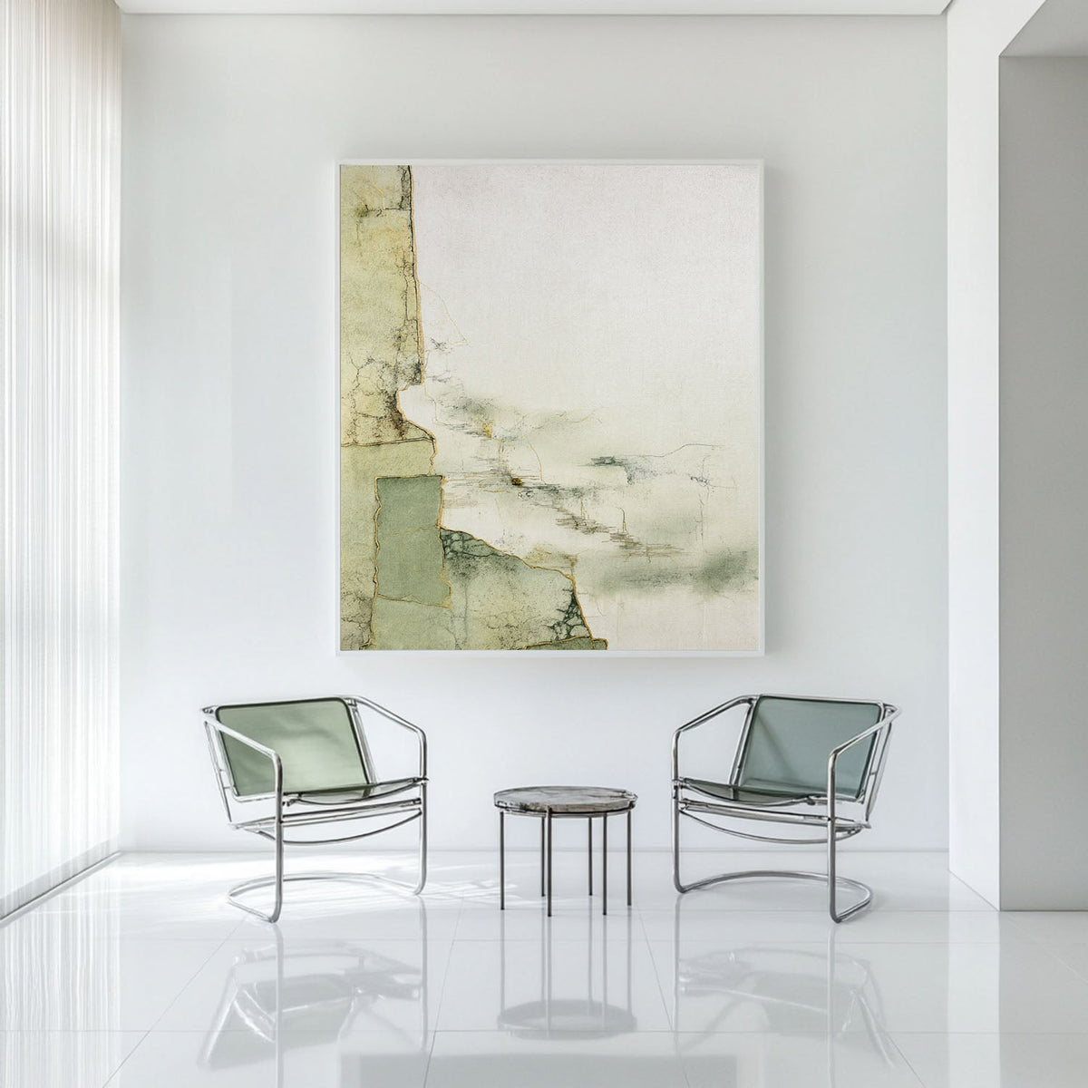 Minimalist Sage Green Abstract Art Gold Accents