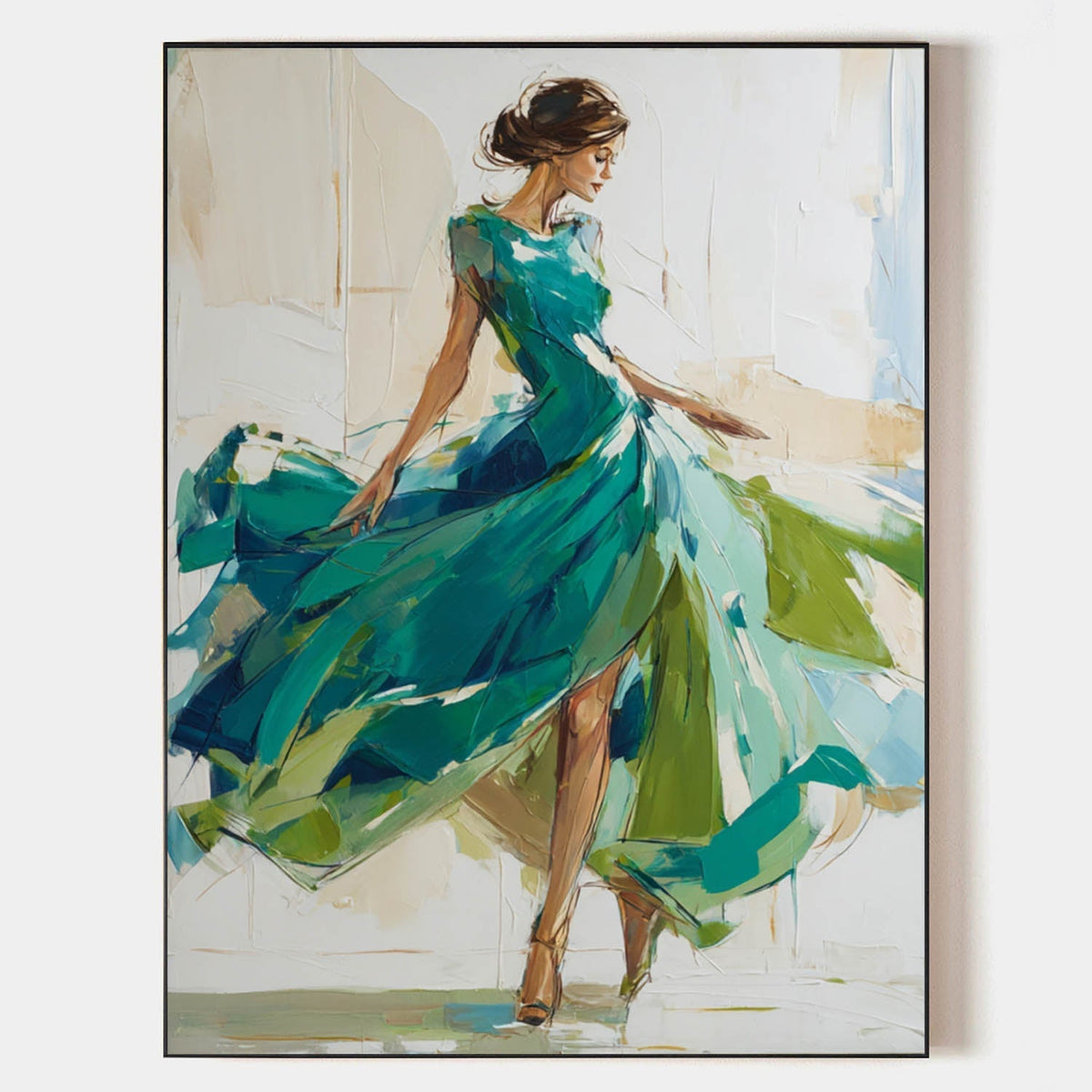 Emerald‑Green‑Beige Vertical Flowing‑Dress Figure Textured Artwork