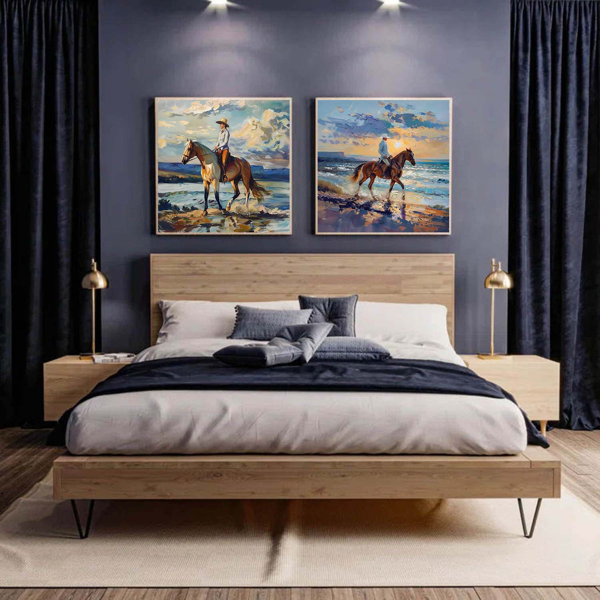 Dual Equestrian Coastal Diptych Vibrant Impasto