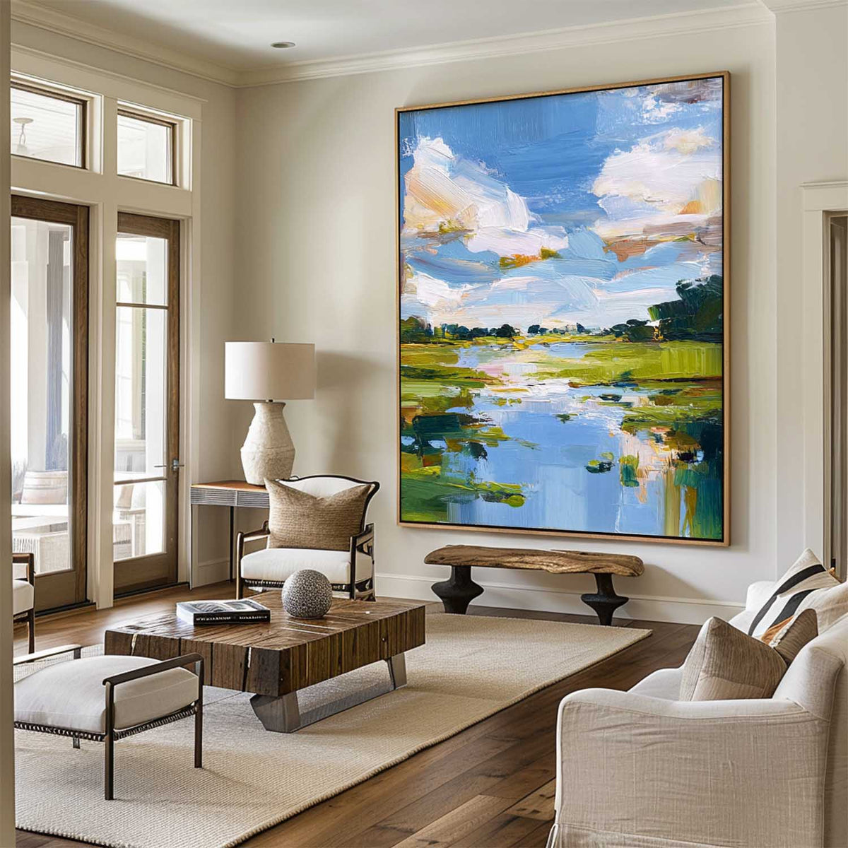 Bright Pastoral Landscape Vivid Impasto Scenery Layered Textured Artwork