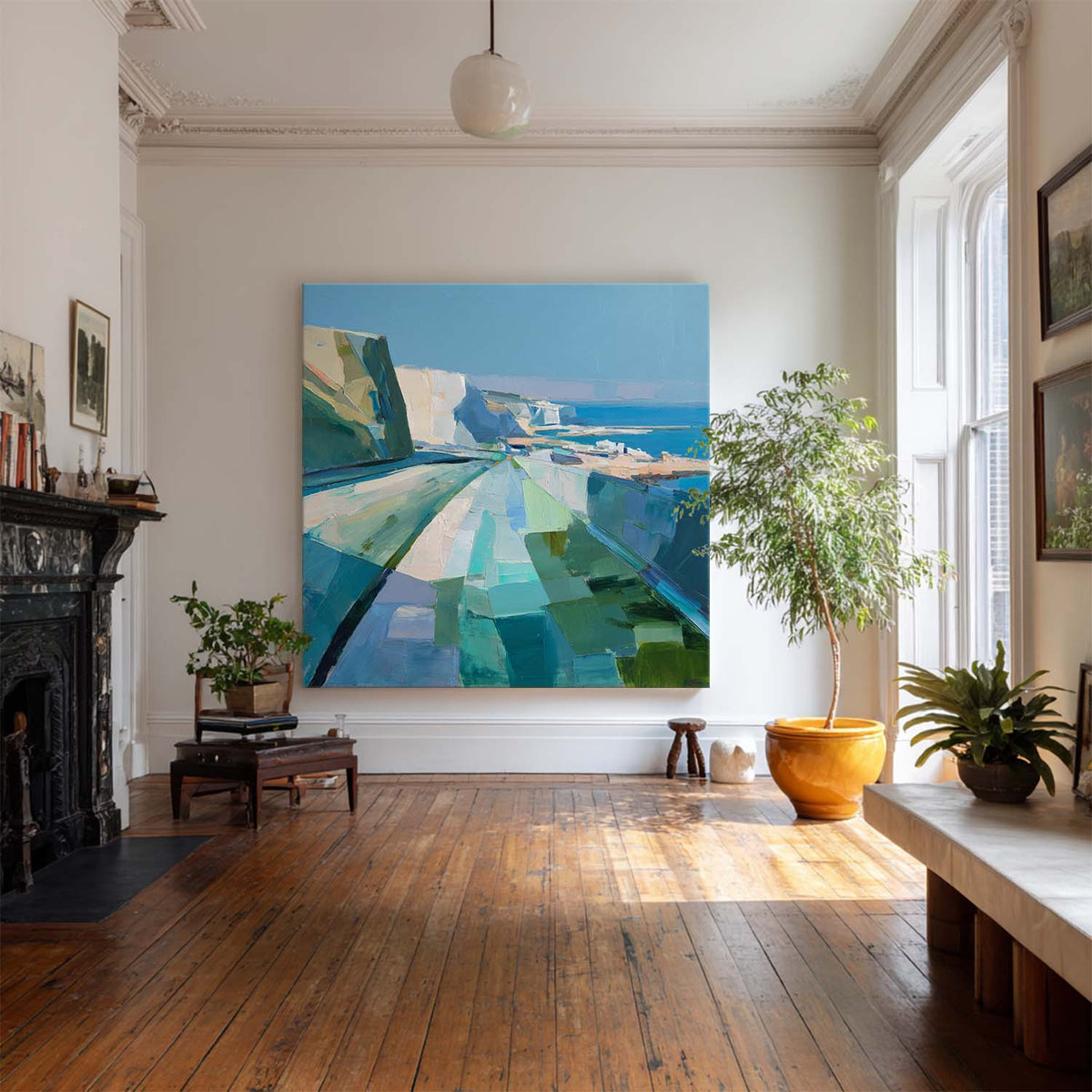Blue‑Green‑Teal Horizontal Abstract Geometric Landscape Artwork