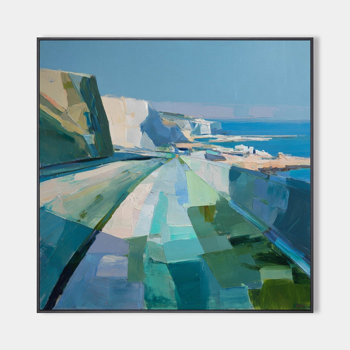 Blue‑Green‑Teal Horizontal Abstract Geometric Landscape Artwork