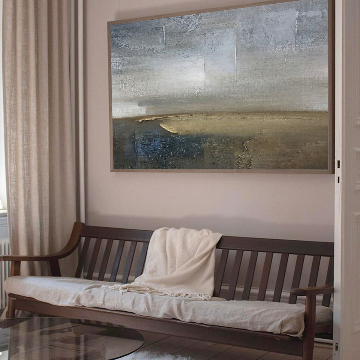 Blue‑Olive Horizontal Abstract‑Coastal Heavy‑Textured Artwork