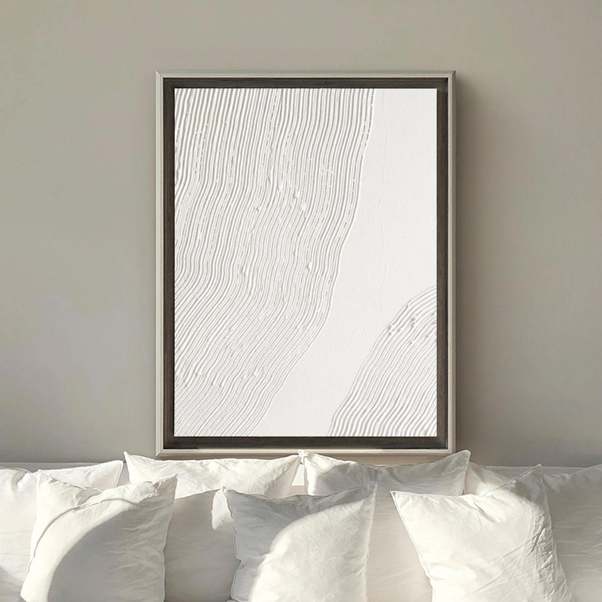 Off‑White Vertical Wavy‑Line Relief‑Textured Framed Artwork