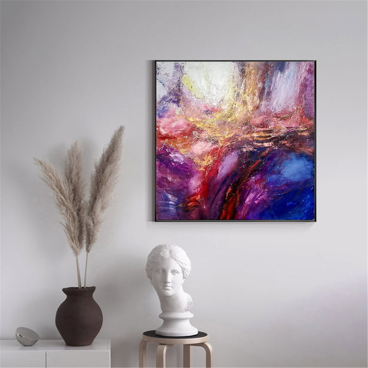 Purple‑Pink‑Gold Square Abstract  Swirling Thick Impasto‑Texture Artwork