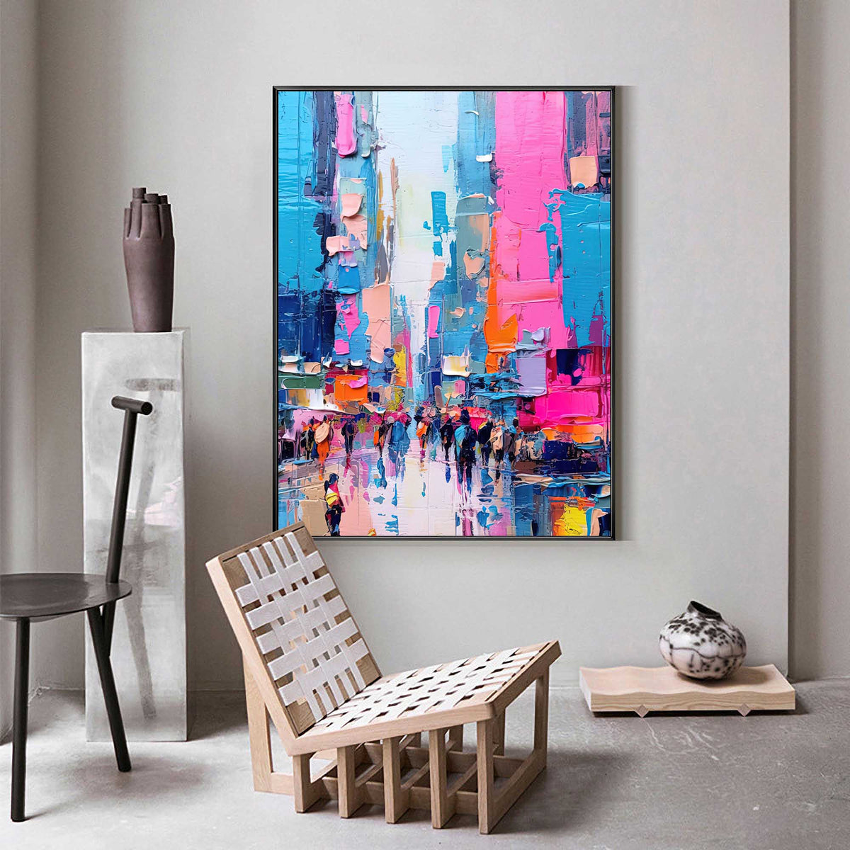 Impasto Cityscape Painting Vibrant Pink & Blue Wall Art