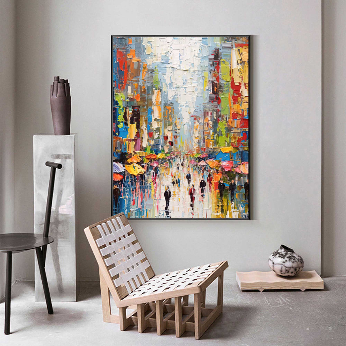 Vibrant Impasto City Street Oil Painting Rainy Day Umbrella