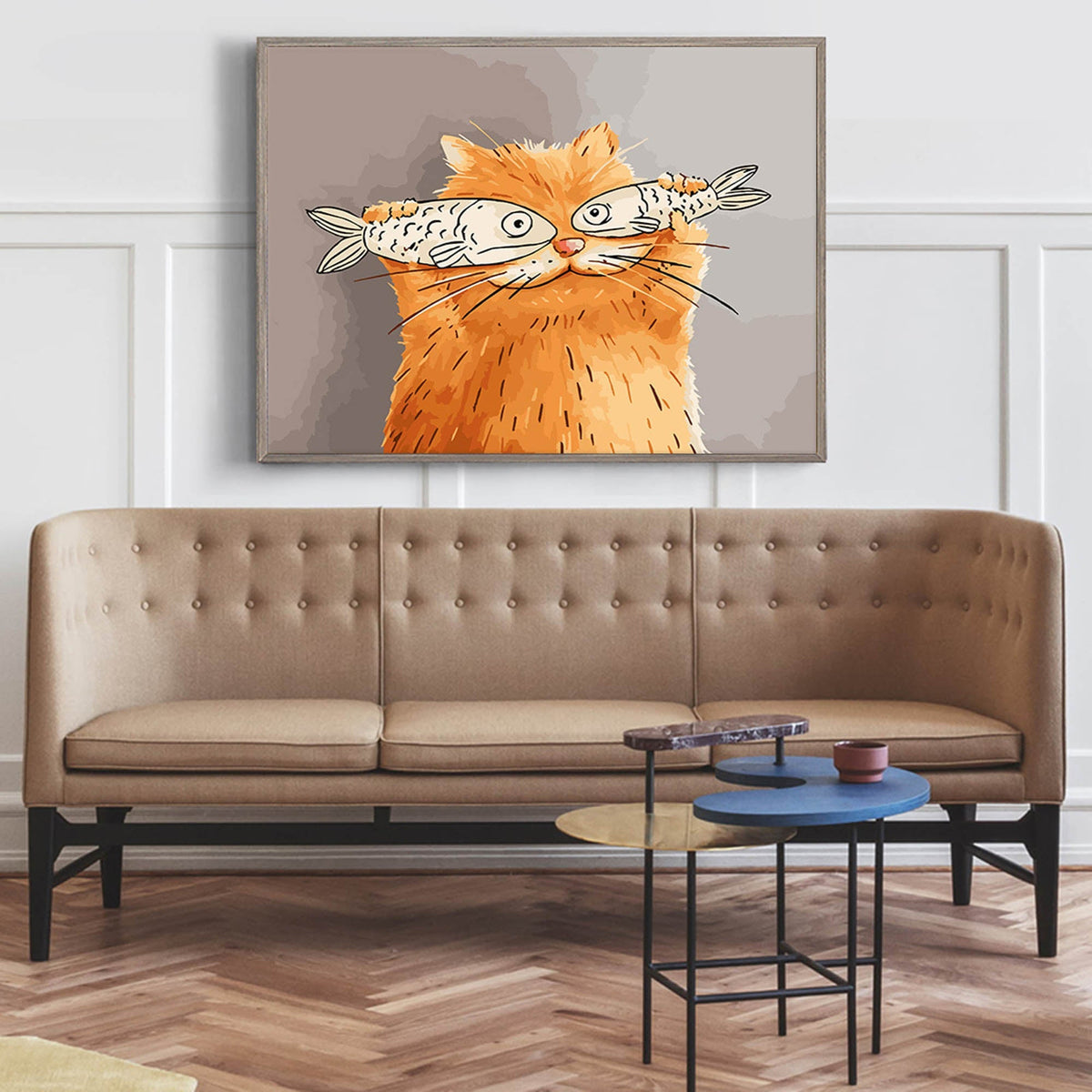 Whimsical Cat Fish Wall Art Playful Orange Cat