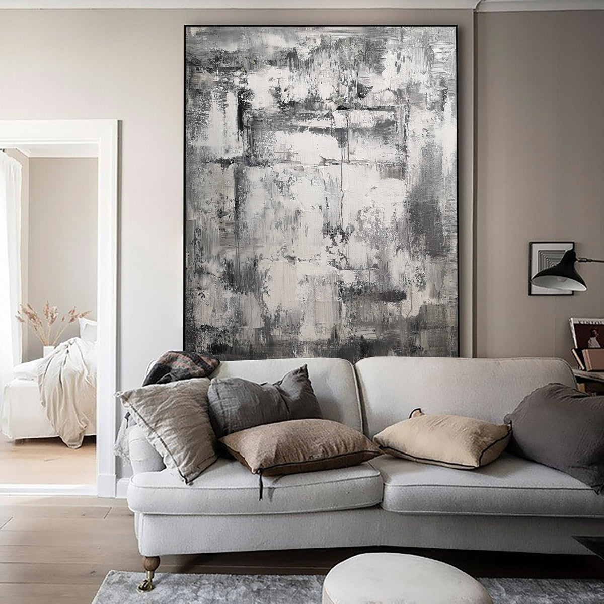 Black‑White‑Grey Vertical Abstract Rugged Impasto‑Textured Artwork